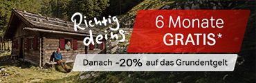 Holzhütte im Wald, daneben Text: Richtig deins, 6 Monate GRATIS, Danach -20% auf das Grundentgelt. Verweis auf Angebotsbedingungen