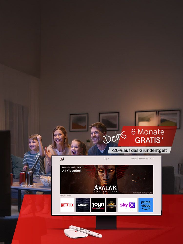 Familie beim Fernsehen, A1 Videothek mit Avatar: Fire and Ash und Streaming-Anbieter-Logos. 6 Monate gratis, danach -20% auf das Grundentgelt. Verweis auf Angebotsbedingungen
