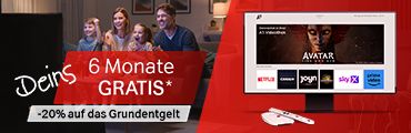 Familie beim Fernsehen, A1 Videothek mit Avatar: Fire and Ash und Streaming-Anbieter-Logos. 6 Monate gratis, danach -20% auf das Grundentgelt. Verweis auf Angebotsbedingungen.