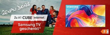Vier Kinder und ein Erwachsener auf einem Fußballfeld, daneben Samsung Fernseher und Text: Samsung TV geschenkt, Zu A1 CUBE Internet. Verweis auf Rechtsinformation.