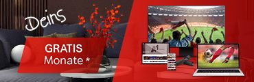 Mehrere Geräte sichtbar: TV, Notebook, Tablet und Smartphone. Einige zeigen Fußballübertragung oder A1 TV Inhalte; Schriftzug: GRATIS Monate*, Verweis auf Rechtsbedingungen