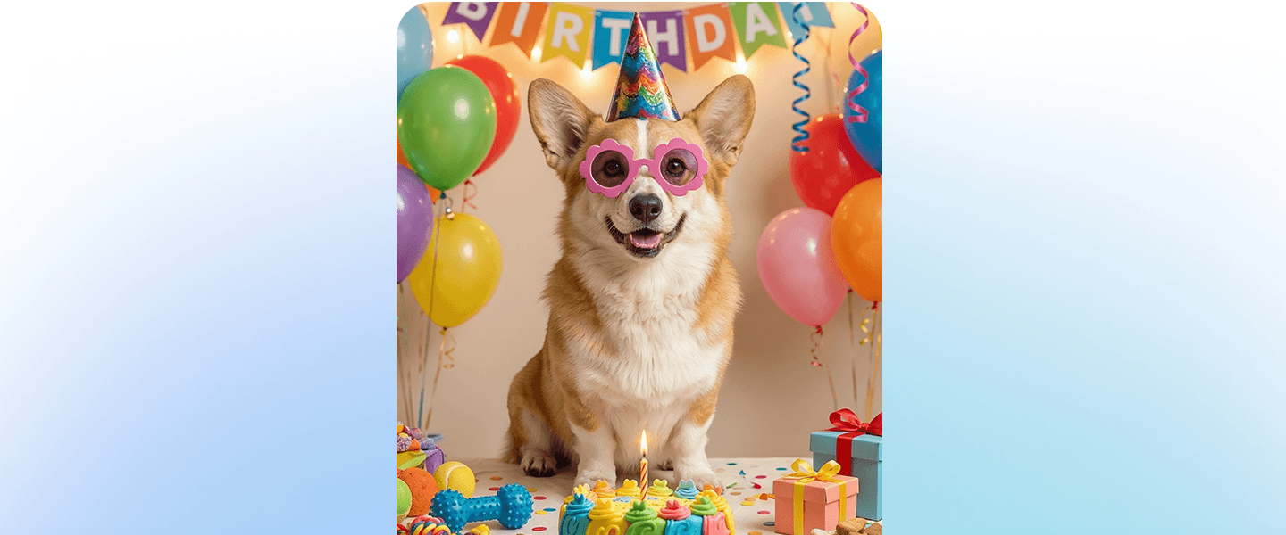 Hund mit Partyhut als Galaxy-AI-Beispielbild