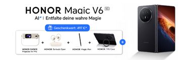 Werbebanner zum HONOR Magic V6 5G mit Geschenkaktion: Beim Kauf des Smartphones gibt es die HONOR Earbuds Open und den HONOR Magic Pen kostenlos dazu. Rechts ist das geöffnete und geschlossene HONOR Magic V6 5G abgebildet.