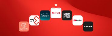 Rote Hintergrundfläche mit einer Reihe von Streaming- und Medien-App-Logos, darunter Gymondo, TV, Disney+, Netflix (hervorgehoben), HBO Max, YouTube Premium und CANAL+.