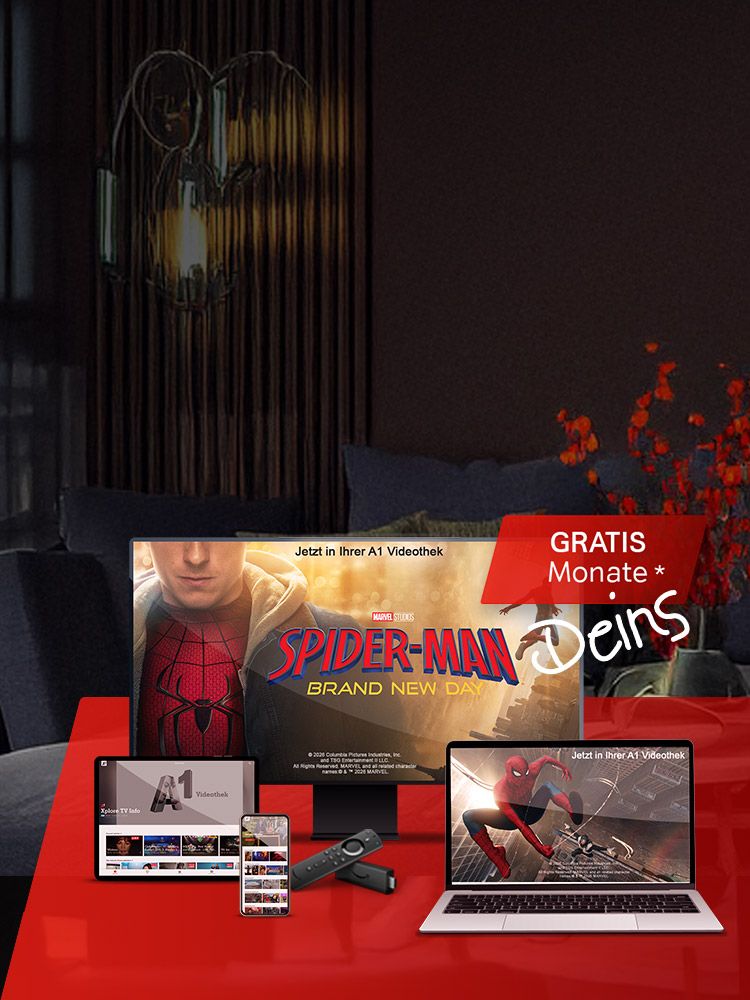 Werbebild für die A1 TV Stream: Spider-Man Brand New Day auf einem Fernseher, Tablet, Smartphone und Laptop in einem Wohnzimmer, mit Hinweis auf gratis Monate.
