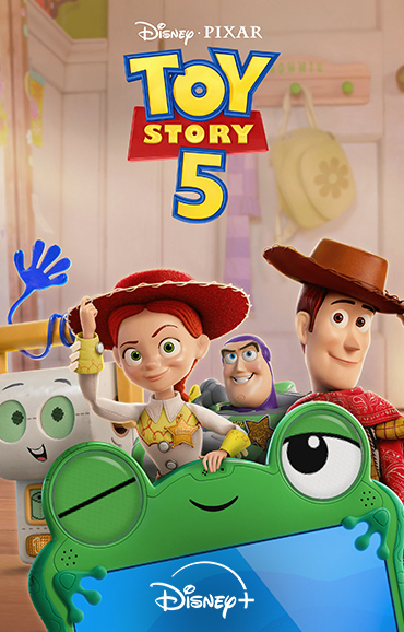 Poster zu „Toy Story 5“ von Disney Pixar mit Woody, Jessie und Buzz Lightyear hinter einem grünen, froschförmigen Spielzeuggerät; oben steht das Logo „Toy Story 5“, unten das Disney+-Logo.
