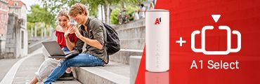 Junge Menschen mit Laptop im Freien, daneben 5G Cube und A1 Select Logo.