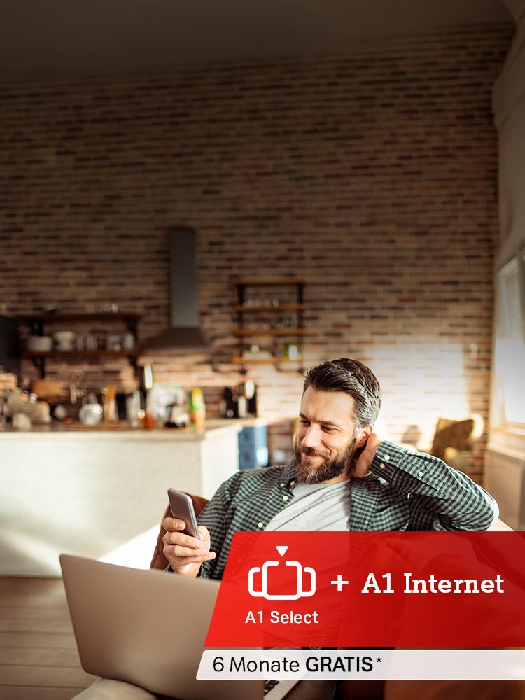A1 Select Logo mit dem Schriftzug „A1 Internet“ und Hinweis „6 Monate gratis“ auf rotem Banner