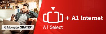 A1 Select Logo mit dem Schriftzug „A1 Internet“ und Hinweis „6 Monate gratis“ auf rotem Banner