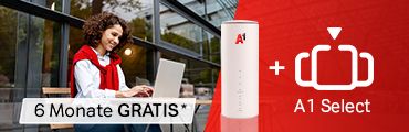 Frau mit Laptop, A1 Select Logo und 5G Cube Hardware. Roter Banner mit “6 Monate gratis”