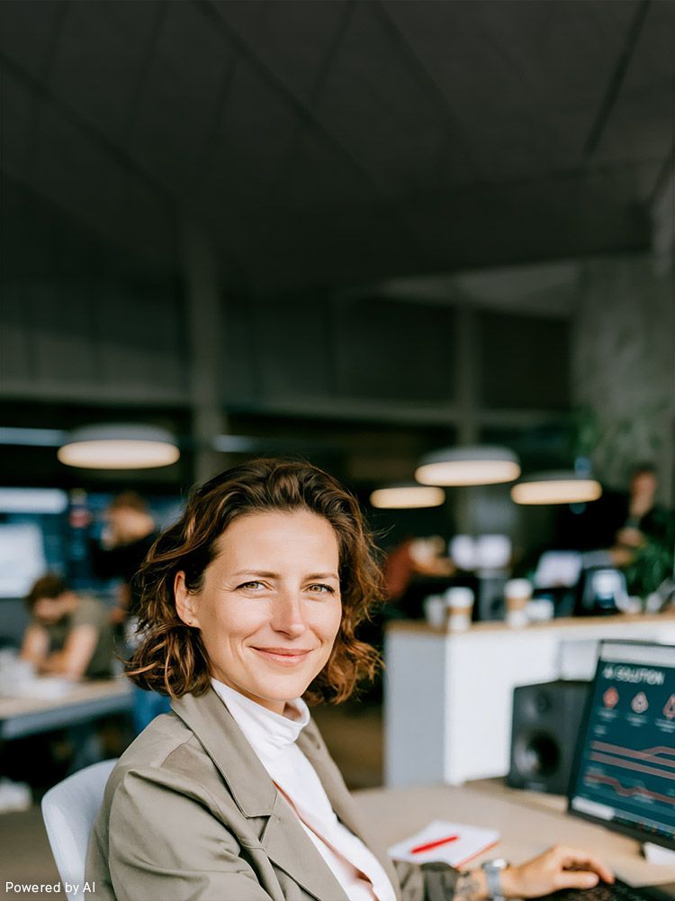 Frau in Businesskleidung sitzt an Schreibtisch im modernen Büro, lächelt, Bildschirm mit Datenanalyse sichtbar.