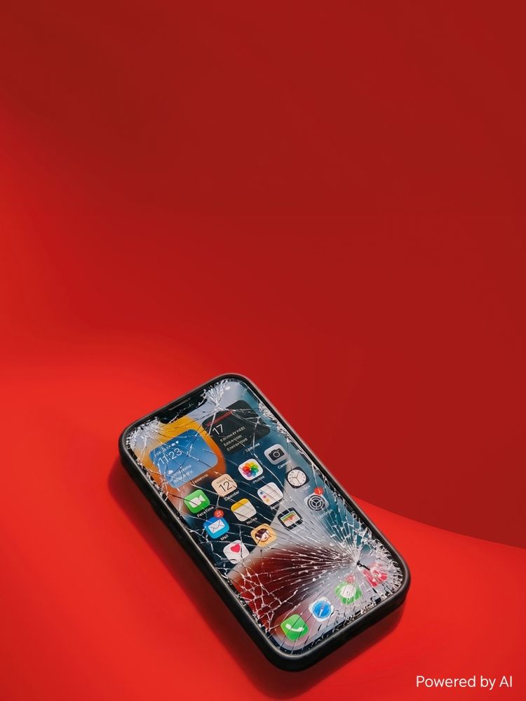 iPhone mit zerbrochenem Display auf rotem Hintergrund
