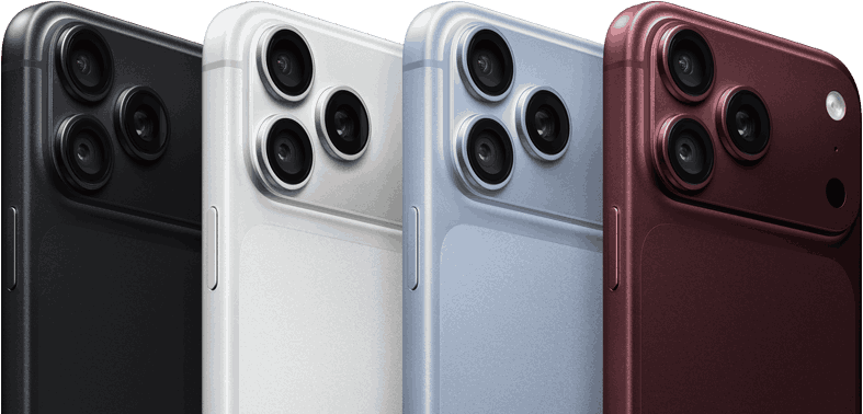 iPhone 18 Pro Geräte in einer Reihe, Rückseite, alle vier Farben: Burgunder, Polar, Silber, Schwarz, Pro Fusion Kamera-System oben links, 3 Objektive, Mikrofon, Blitz