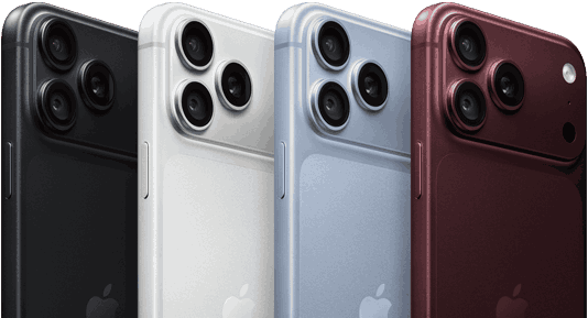 iPhone 18 Pro Geräte in einer Reihe, Rückseite, alle vier Farben: Burgunder, Polar, Silber, Schwarz, Pro Fusion Kamera-System oben links, 3 Objektive, Mikrofon, Blitz