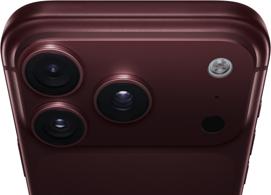 iPhone 18 Pro Max, Farbe Burgunder (Dunkelrot), Rückseite, Pro Fusion Kamera-System oben, 3 Objektive, Lamellen der variablen Blende teilweise geschlossen, Blitz, Mikrofon und LiDAR Scanner, Oberseite, Mobilfunkantenne, flache Seiten, gerundete Ecken