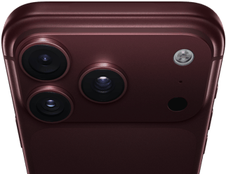 iPhone 18 Pro Max, Farbe Burgunder (Dunkelrot), Rückseite, Pro Fusion Kamera-System oben, 3 Objektive, Lamellen der variablen Blende teilweise geschlossen, Blitz, Mikrofon und LiDAR Scanner, Oberseite, Mobilfunkantenne, flache Seiten, gerundete Ecken