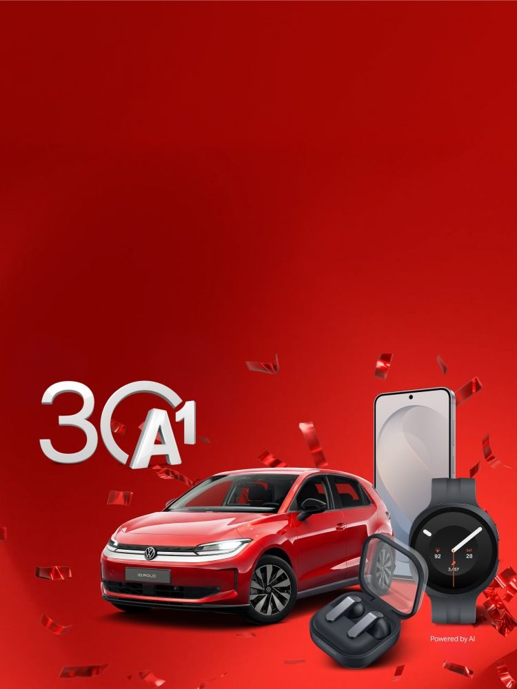 Logo 30 A1, roter VW Golf, Smartphone, Smartwatch, In-Ear-Kopfhörer.