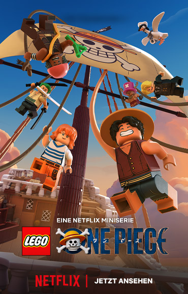 Poster zu „LEGO One Piece“ mit mehreren LEGO-Figuren der Strohhutbande, die an einem Mast und unter einem Segel mit Totenkopf-Emblem in die Luft schwingen; unten stehen „Eine Netflix Miniserie“, der Titel sowie „Netflix | Jetzt ansehen“.