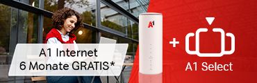 Person mit Laptop auf einer Bank. A1 Select Logo mit A1 Cube Router. Hinweis A1 Internet 6 Monate gratis.