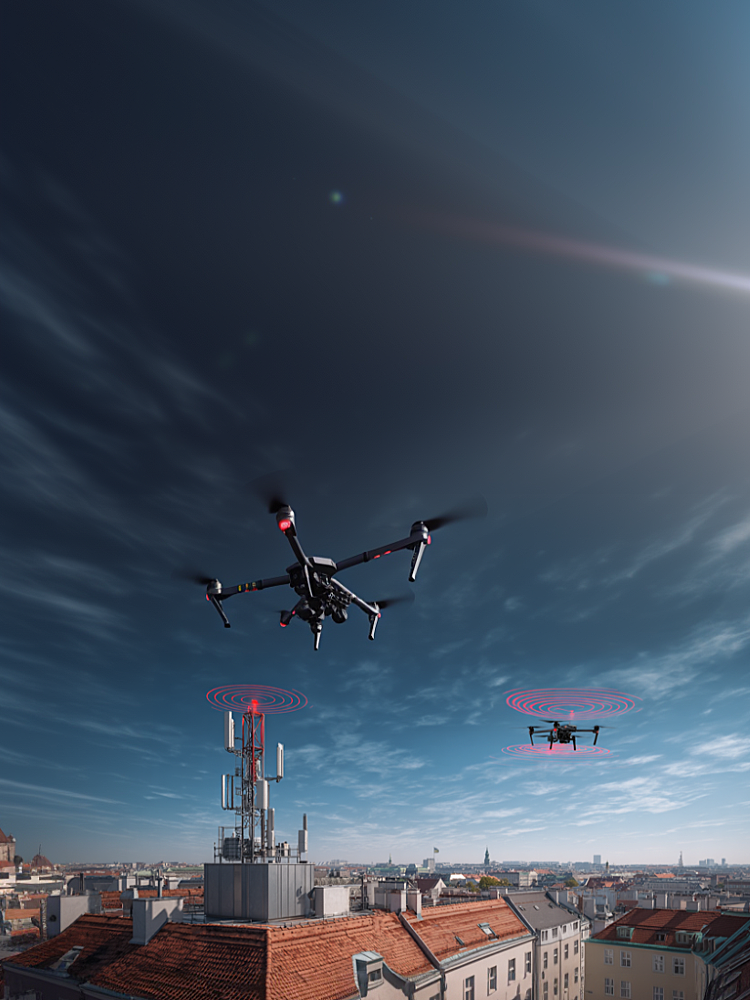 Zwei Drohnen fliegen über einer Stadt, funken mit Mobilfunkmast; rote Wellen deuten Signalübertragung und Erkennung an.