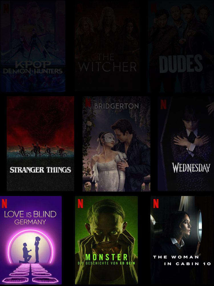 Netflix-Startseite mit verschiedenen Serien- und Filmplakaten, darunter Emily in Paris, Squid Game und Stranger Things.