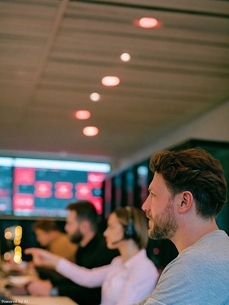 Mehrere Personen überwachen Daten auf Monitoren in einem modernen Security Operation Center Kontrollraum mit vielen Bildschirmen.