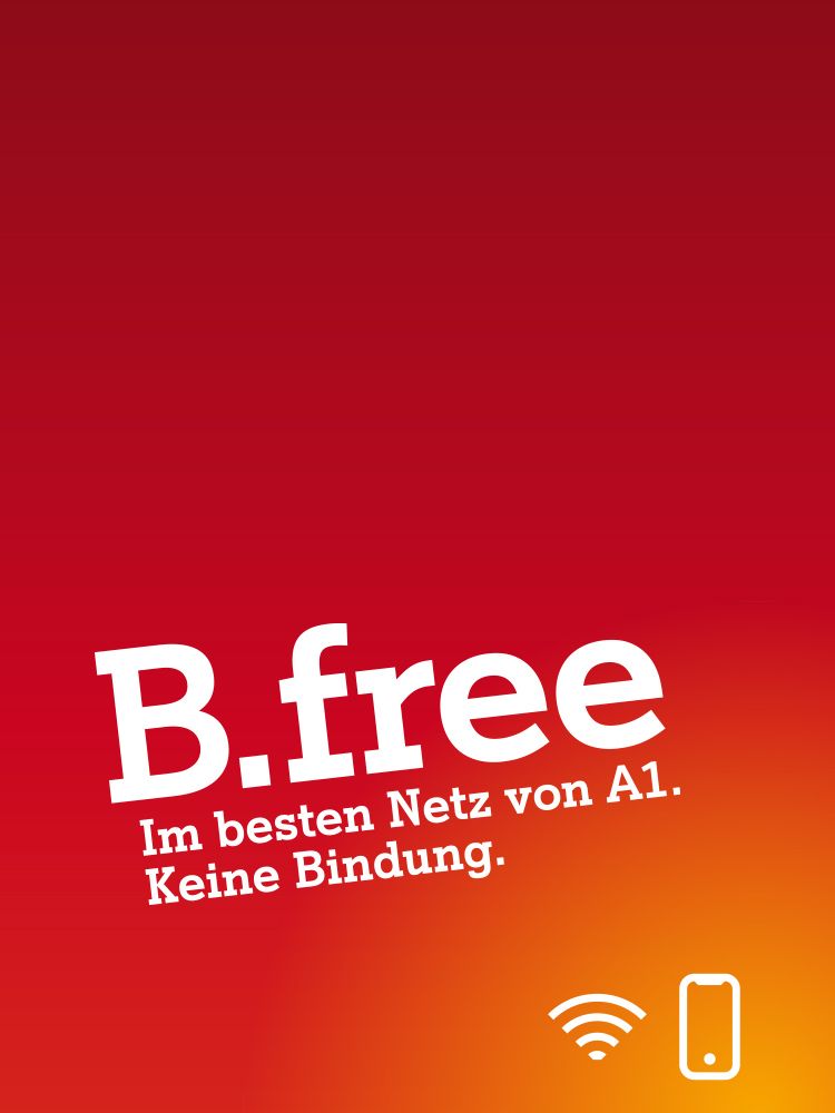 Roter Verlauf mit weißem Text B.free, Claim ohne Bindung, WLAN- und Handy‑Icon