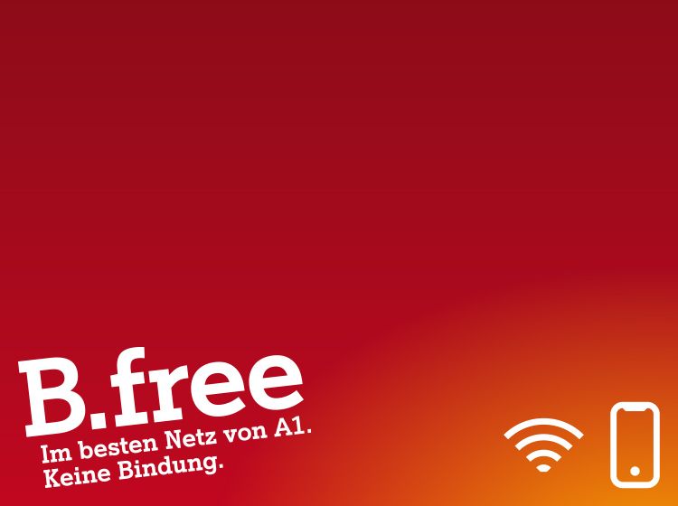 Roter Verlauf mit weißem Text B.free, Claim ohne Bindung, WLAN- und Handy‑Icon