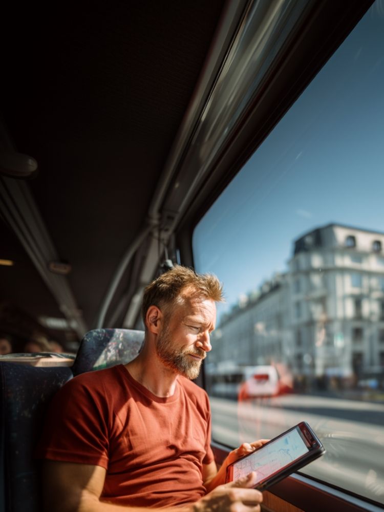Person sitzt in einem Bus und hält ein Tablet mit einer Studie zu Digitaler Souveränität. Stadt mit Straßen und Gebäuden draußen sichtbar.