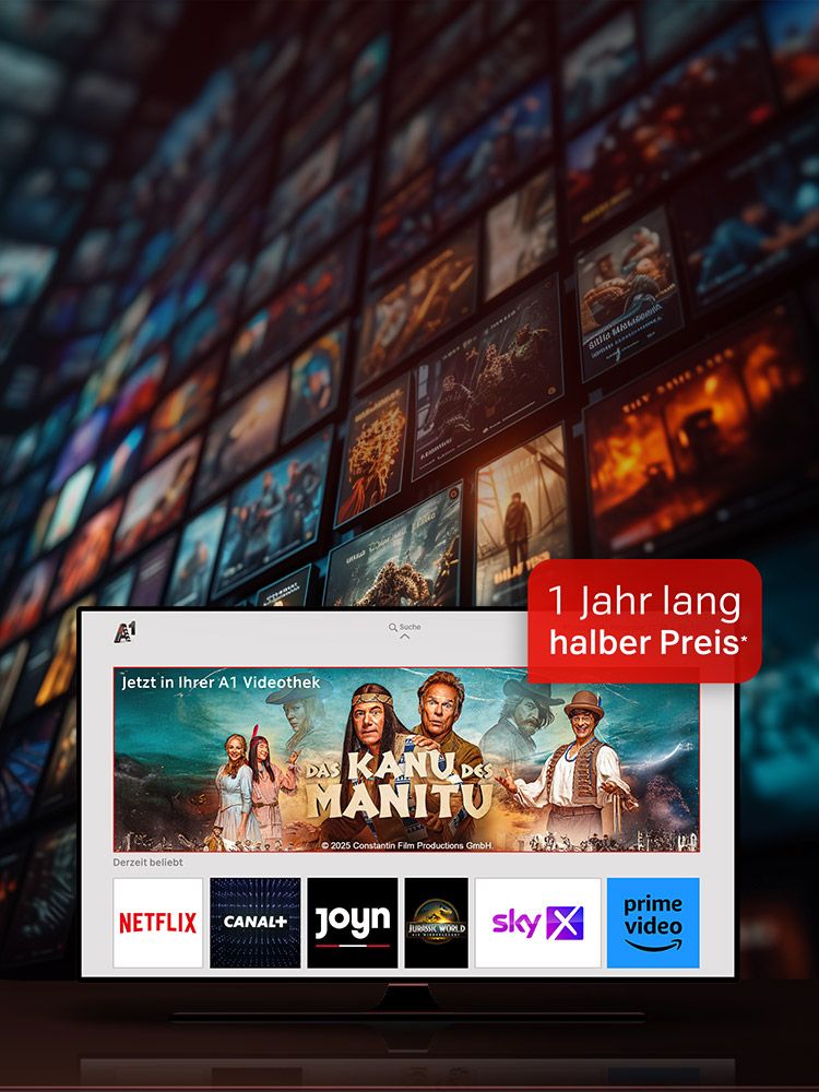 Bildschirm zeigt Streaming-Dienste wie Netflix, Sky, Prime Video; oben Text: 1 Jahr lang halber Preis.