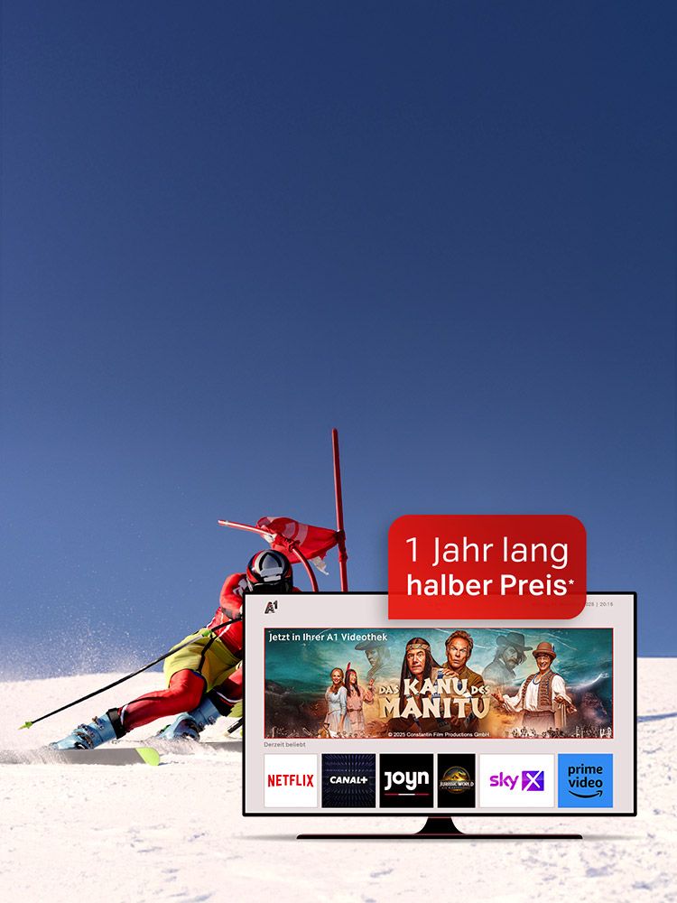 Skifahrer auf Piste, daneben Werbung für A1 Xplore TV: "TV 1 Monat GRATIS", Streamingdienste wie Netflix und Prime Video.