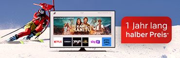 Skifahrer auf Piste, daneben Werbung für A1 Xplore TV: "TV 1 Monat GRATIS", Streamingdienste wie Netflix und Prime Video.