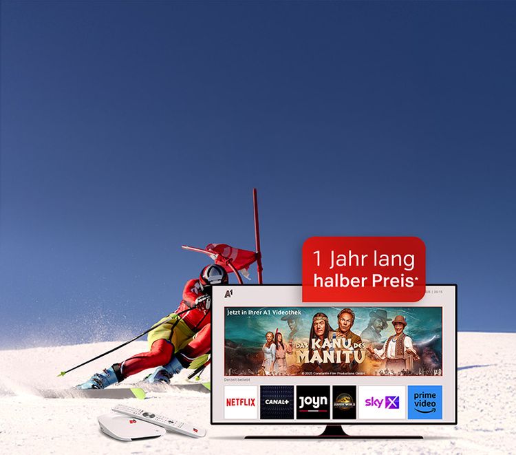Skifahrer auf Piste, daneben Werbung für A1 Xplore TV: "TV 1 Monat GRATIS", Streamingdienste wie Netflix und Prime Video.