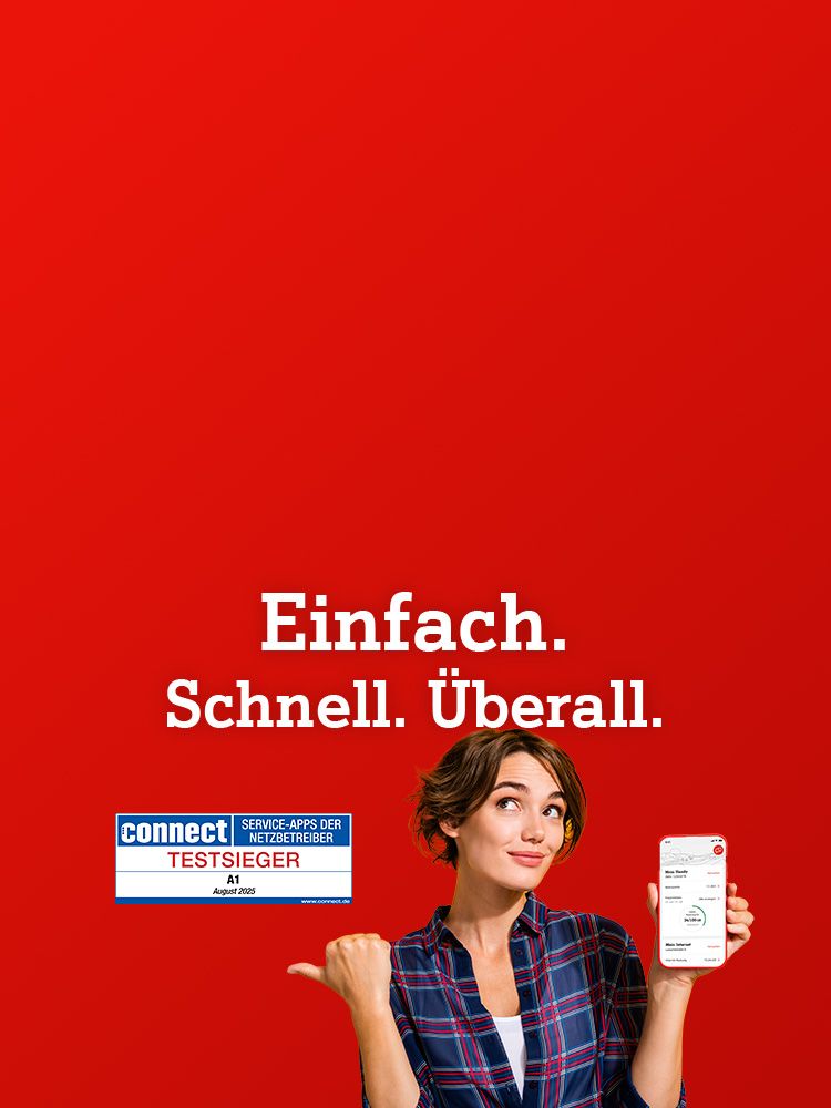 Lachende Frau mit Handy mit App darauf. Mein A1 App: Testsieger bei Connect Test August 2025