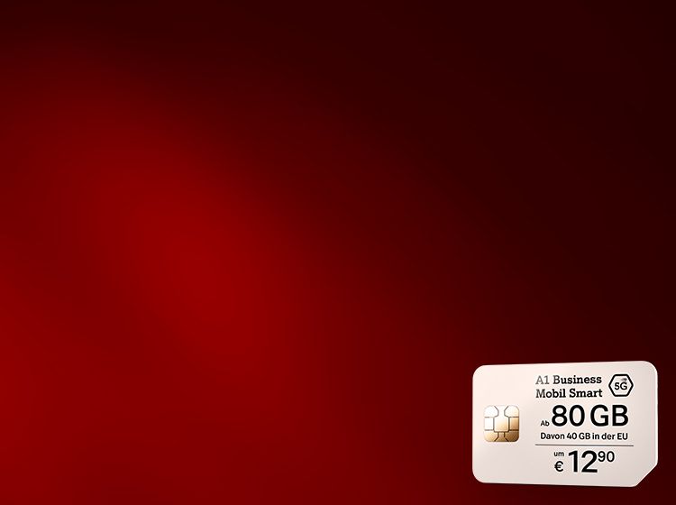 Weiße SIM-Karte mit Text: A1 Business Mobil Smart 5G, ab 80 GB (davon 40 GB in der EU), um € 12,90.