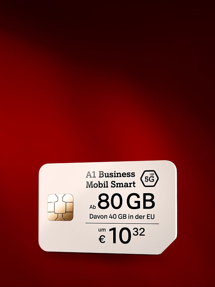 Weiße SIM-Karte mit Text: A1 Business Mobil Smart 5G, ab 80 GB (davon 40 GB in der EU), um € 10,32.