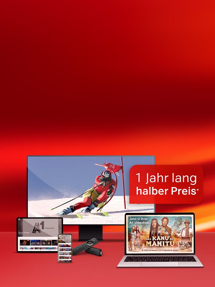 A1 TV Stream Angebot: 1 Jahr lang halber Preis. Verschiedene Geräte – TV, Tablet, Smartphone, Fire TV Stick und Laptop – zeigen A1 Videothek-Inhalte, darunter Ski-Rennen live und den Film ‚Das Kanu des Manitu.