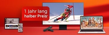 A1 TV Stream Angebot: 1 Jahr lang halber Preis. Verschiedene Geräte – TV, Tablet, Smartphone, Fire TV Stick und Laptop – zeigen A1 Videothek-Inhalte, darunter Ski-Rennen live und den Film ‚Das Kanu des Manitu