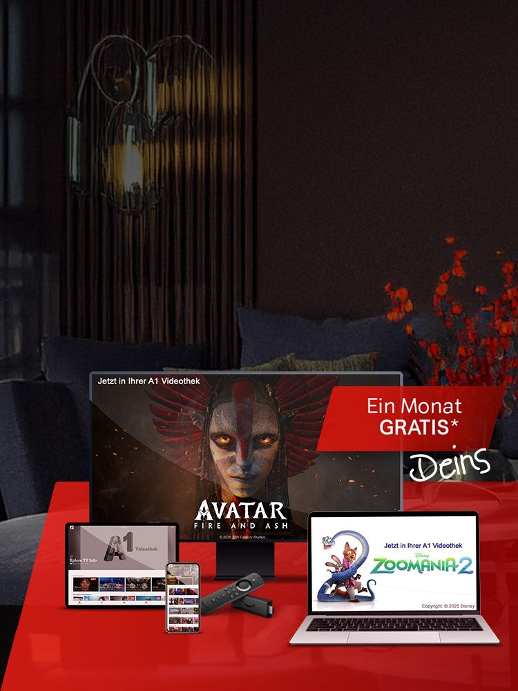 Werbebanner für einen Streamingdienst in einem dunklen, modern eingerichteten Wohnzimmer. Mehrere Bildschirme zeigen Filme und Serien. Auf dem großen Fernseher läuft ‚Avatar: Fire and Ash‘, auf dem Laptop ist ‚Zoomania 2‘ zu sehen. Deutscher Werbetext lautet: ‚Ein Monat GRATIS‘ und ‚Jetzt in Ihrer A1 Videothek‘.