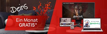 Werbebanner für einen Streamingdienst in einem dunklen, modern eingerichteten Wohnzimmer. Mehrere Bildschirme zeigen Filme und Serien. Auf dem großen Fernseher läuft ‚Avatar: Fire and Ash‘, auf dem Laptop ist ‚Zoomania 2‘ zu sehen. Deutscher Werbetext lautet: ‚Ein Monat GRATIS‘ und ‚Jetzt in Ihrer A1 Videothek‘.