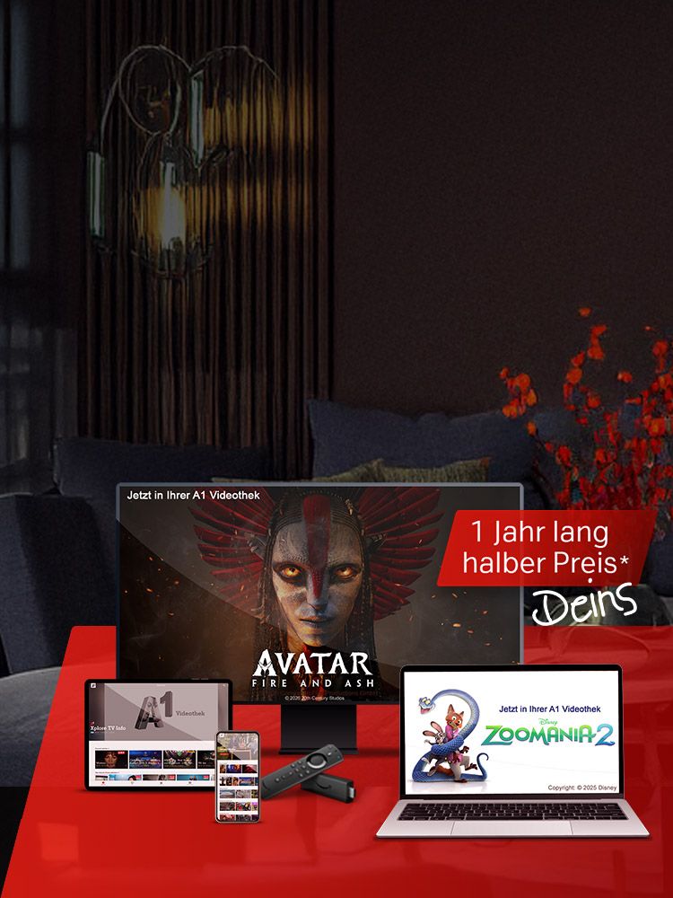 TV Stream mit Geräten im Vordergrund, 1 Jahr lang halber Preis.