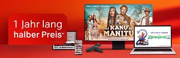Mehrere Streaming-Geräte zeigen "Das Kanu des Manitu" und "Zoomania 2", daneben Text: 1 Jahr lang halber Preis.