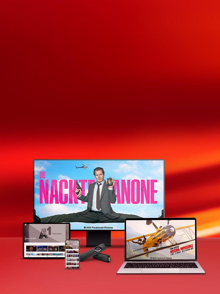 TV, Tablet, Smartphone und Laptop zeigen verschiedene Filme, darunter Die Nackte Kanone und Mission: Impossible.