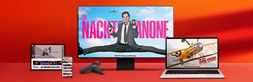TV, Tablet, Smartphone und Laptop zeigen verschiedene Filme, darunter Die Nackte Kanone und Mission: Impossible.