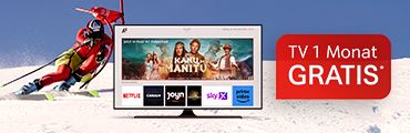 Skifahrer auf Schnee, davor ein Fernseher mit Streamingdiensten und Angebot: "TV 1 Monat GRATIS".