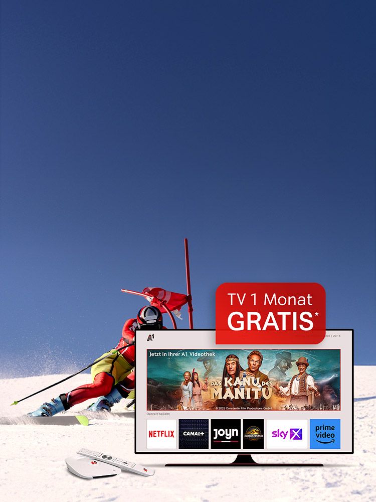Skifahrer auf Schnee, davor ein Fernseher mit Streamingdiensten und Angebot: "TV 1 Monat GRATIS".