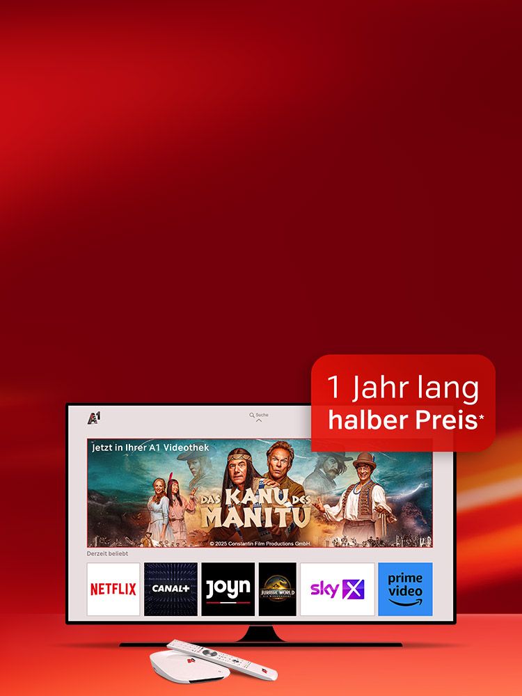Streaming-Dienste wie Netflix, Sky, Prime Video auf TV; oben Text: 1 Jahr lang halber Preis.