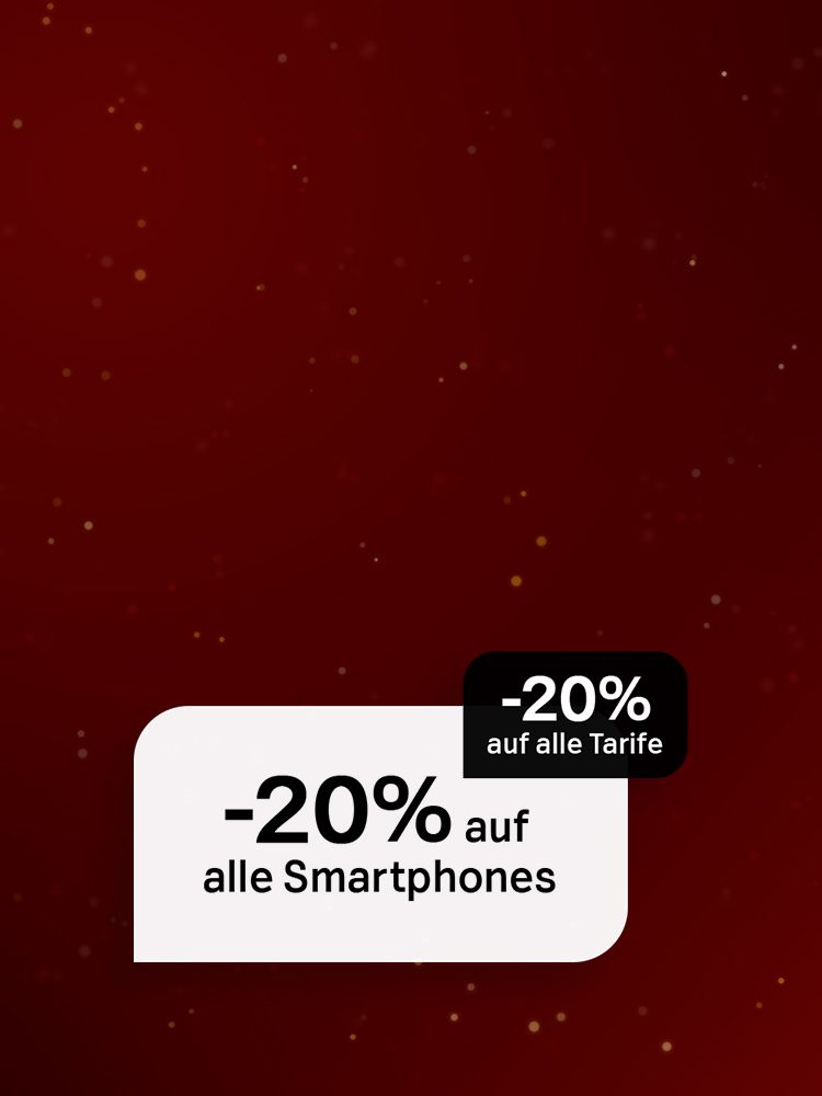Roter Hintergrund mit weihnachtlicher Beleuchtung mit den Störern "-20% auf alle Smartphones" und "-20% auf Tarife".