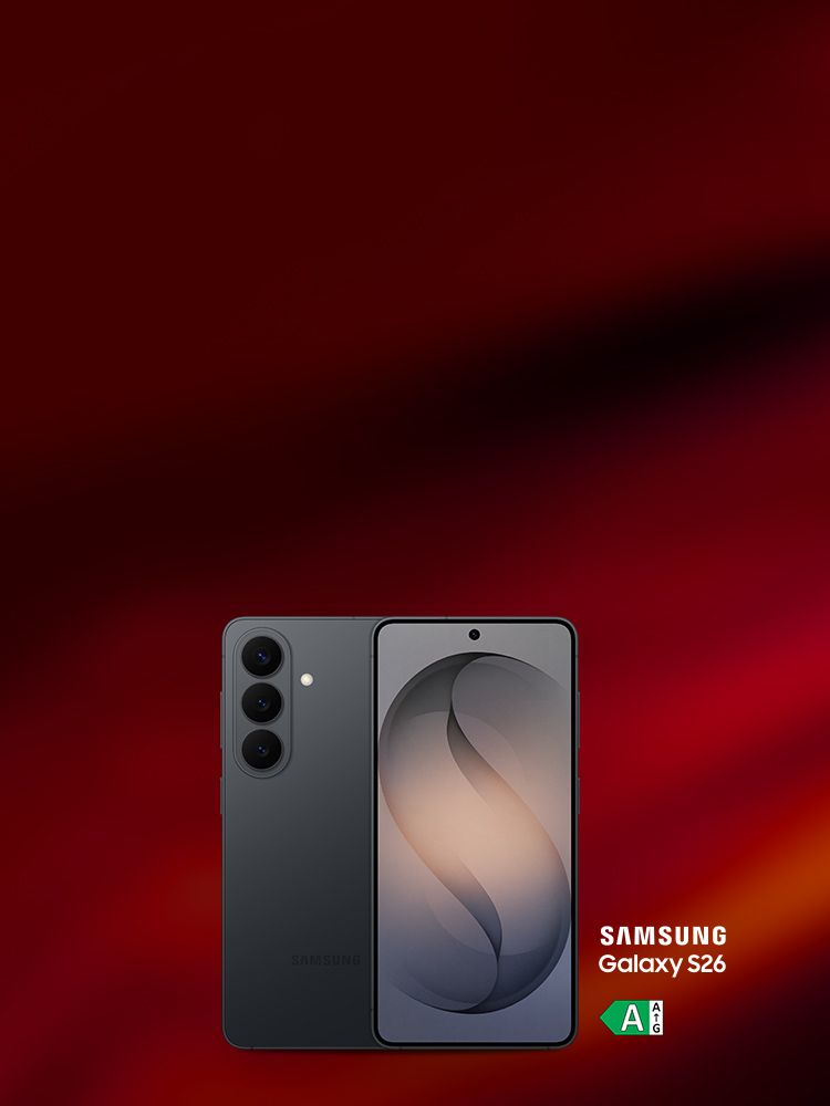 Samsung Galaxy S26 Smartphone in Vorder- und Rückansicht vor einem in verschiedenen Rottönen gehaltener Hintergrund.