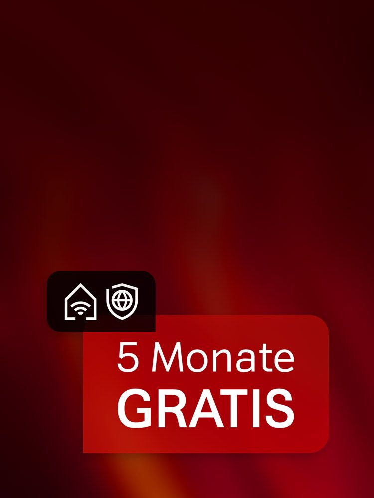 Roter Hintergrund, rechts in weißer Schrift "5 Monate GRATIS" und oberhalb des Schriftzugs sind zwei schwarze Icons für Internet und Sicherheit plaziert.